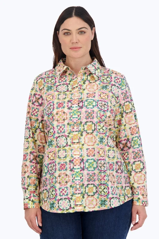 ladies' boho-style short sleeve blouse -Zoey Plus No Iron Watercolor Tile Shirt