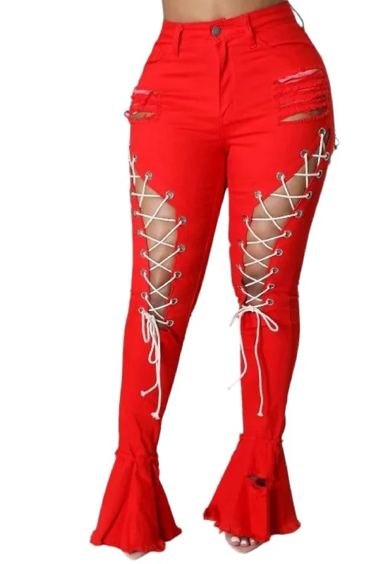 ladies' frayed hem skinny jeans -Lace Up Jeans In Red