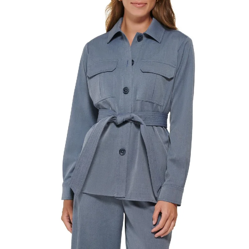 casual linen jacket for women -DKNY Womens Plus Belted Layering Shirt Jacket