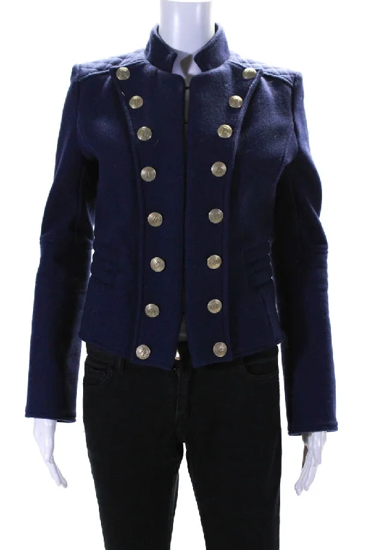 ladies' cashmere overcoat -Pierre Balmain Womens Wool Blend High Neck Hook Closure Coat Navy