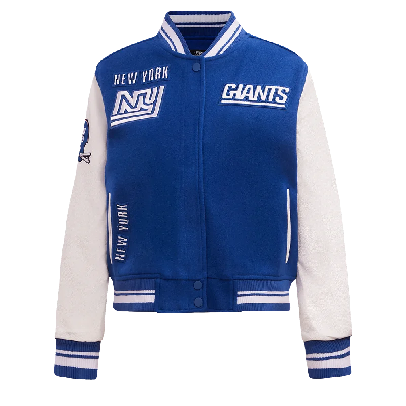 ladies' longline puffer coat -NFL NEW YORK GIANTS RETRO CLASSIC WOMEN'S RIB WOOL VARSITY JACKET (DODGER BLUE/WHITE)