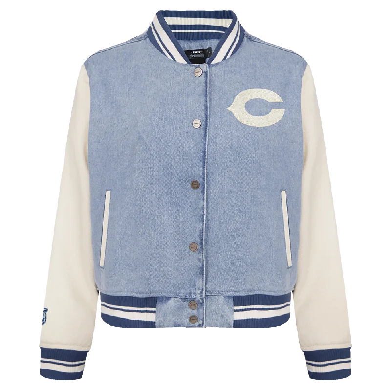 women's relaxed fit blazer -NFL CHICAGO BEARS VARSITY BLUES WOMEN'S DENIM VARSITY JACKET (DENIM/LINEN)