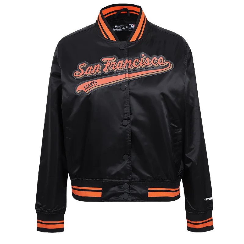 women's teddy bear coat -MLB SAN FRANCISCO GIANTS SCRIPT TAIL WOMEN'S SATIN JACKET (BLACK/ORANGE)