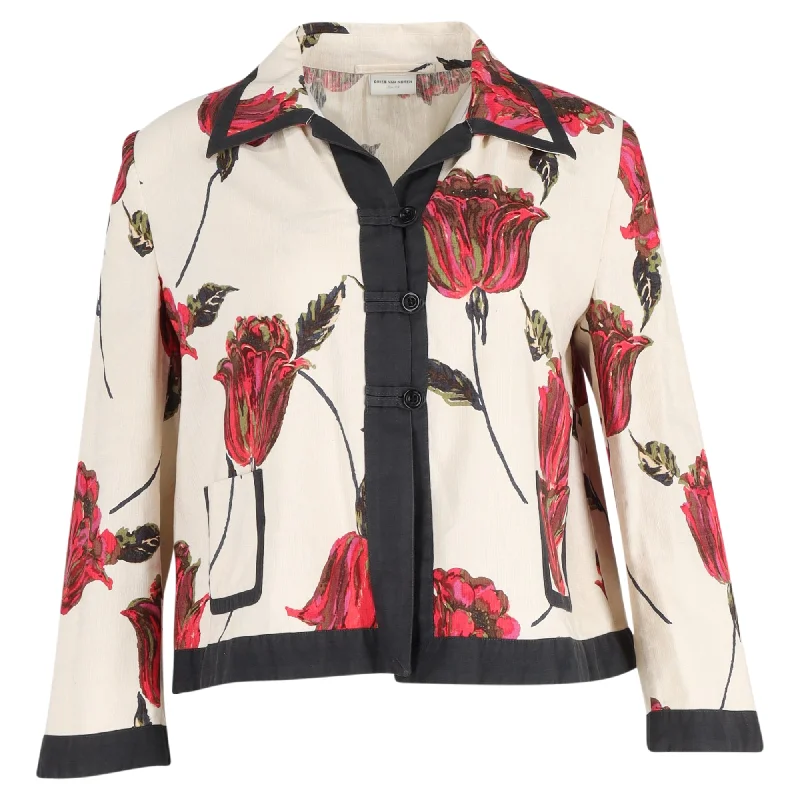 ladies' sporty windbreaker -Dries Van Noten Floral Short Jacket in White Linen