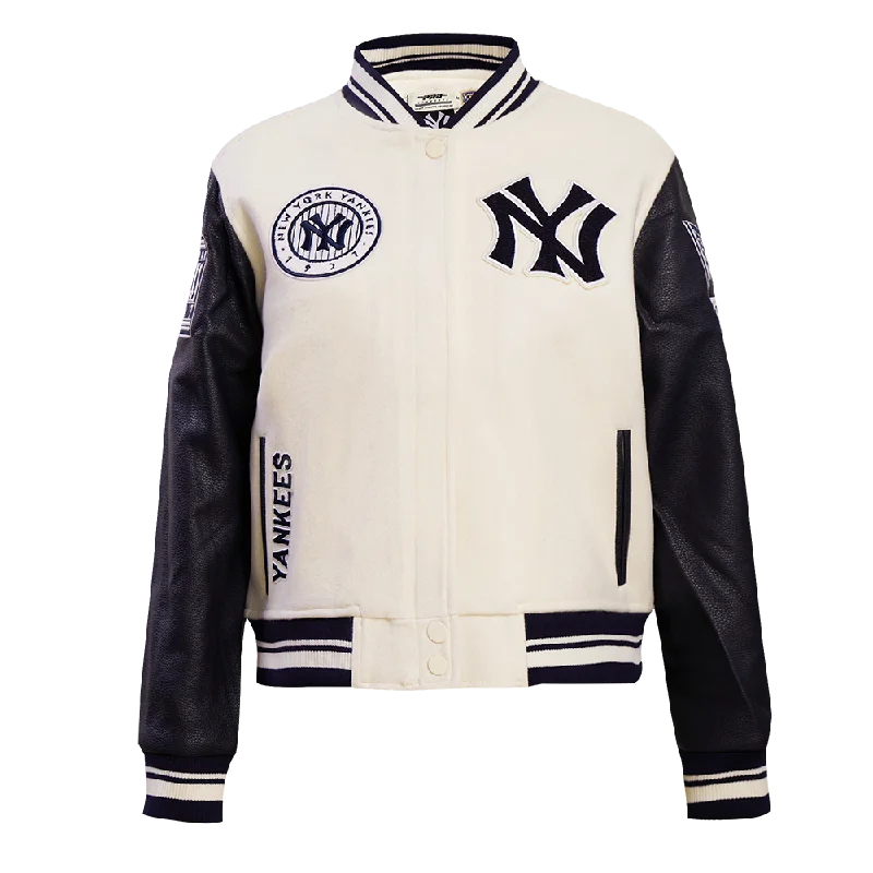 women's casual denim jacket -MLB NEW YORK YANKEES RETRO CLASSIC WOMEN'S RIB WOOL VARSITY JACKET (EGGSHELL/ MIDNIGHT NAVY)