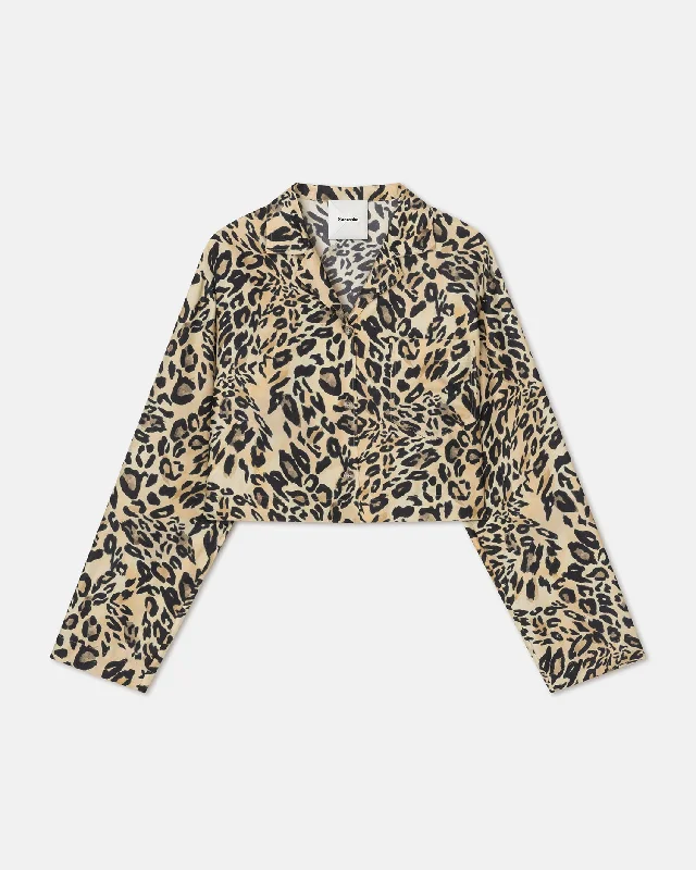 women's color block short sleeve tee -Vally - Cropped Printed Twill-Silk Shirt - Leopard