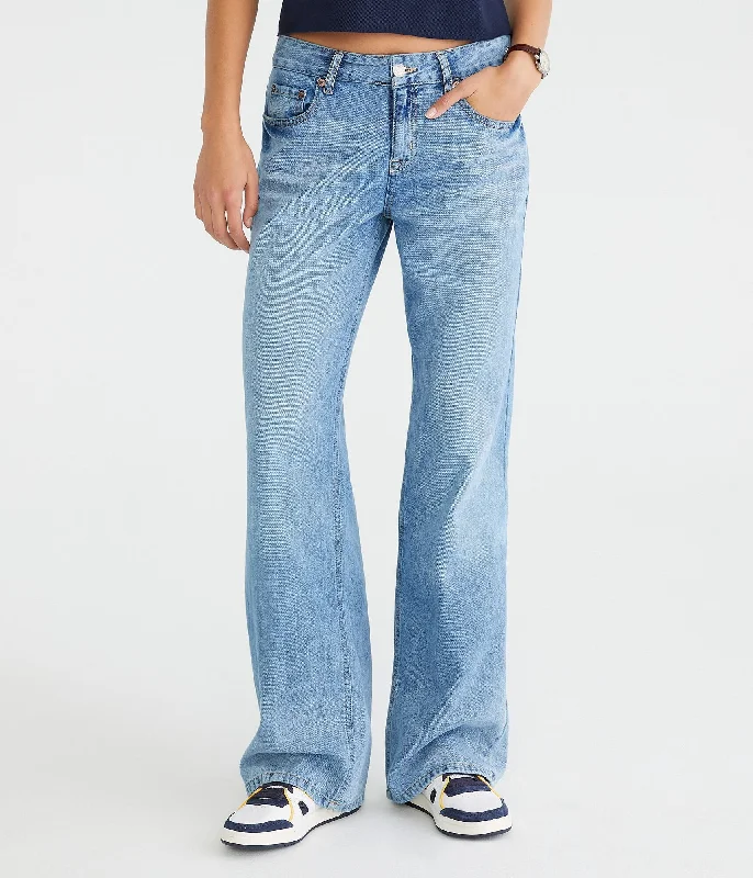 women's rolled hem cuff jeans -Aeropostale Low-Rise Baggy Wide Leg Jean