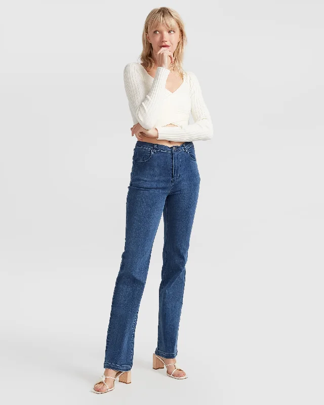 stylish button-up fly jeans for women -Impossible Highs Bootleg Jean