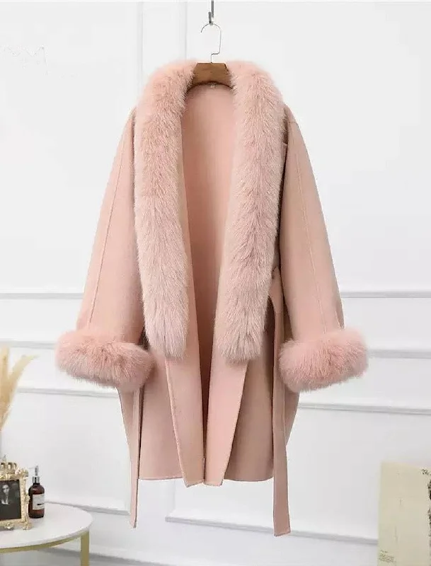 fashionable belted wool coat for women -Cashmere Wool Removable Fox Fur Collar Belted Coat