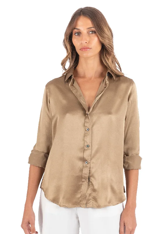 ladies' boho-style short sleeve blouse -Satin-Silk Dark Gold Classic Fit Charmeuse Silk Shirt