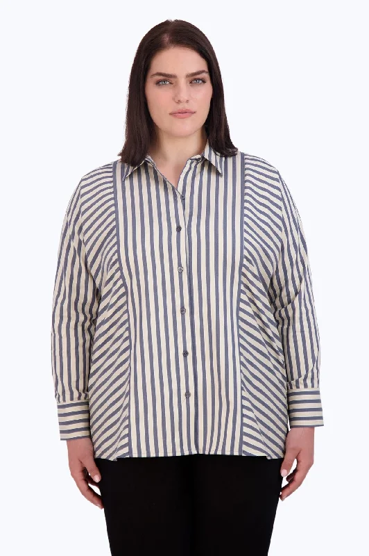 women's ruched short sleeve blouse -Jackie Plus No Iron Navy Stripe Shirt