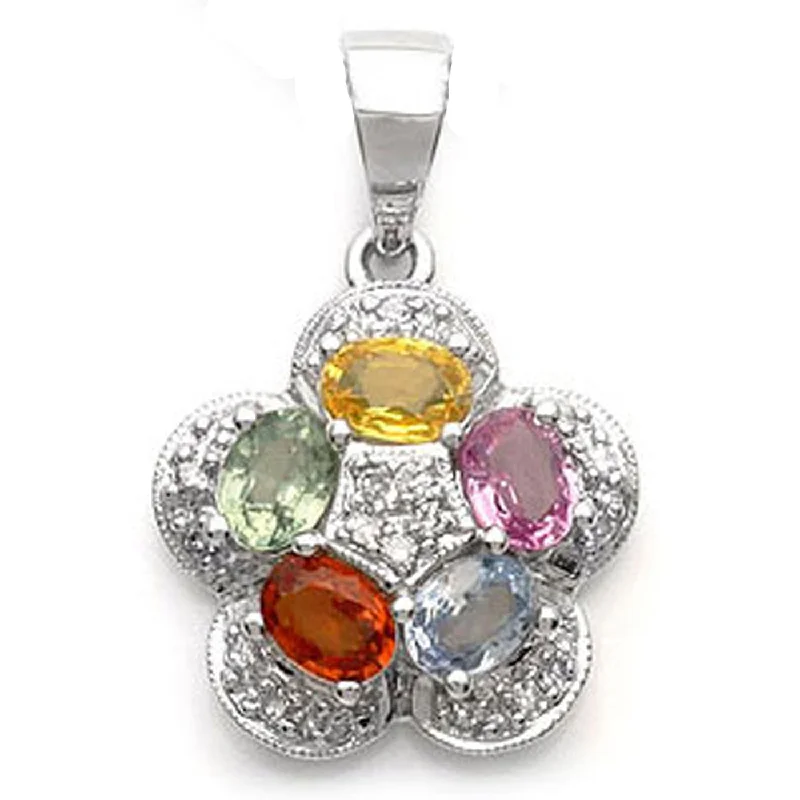 classic women's wool coat -14k White Gold Multi-Colored Sapphire and Diamond Flower Pendant