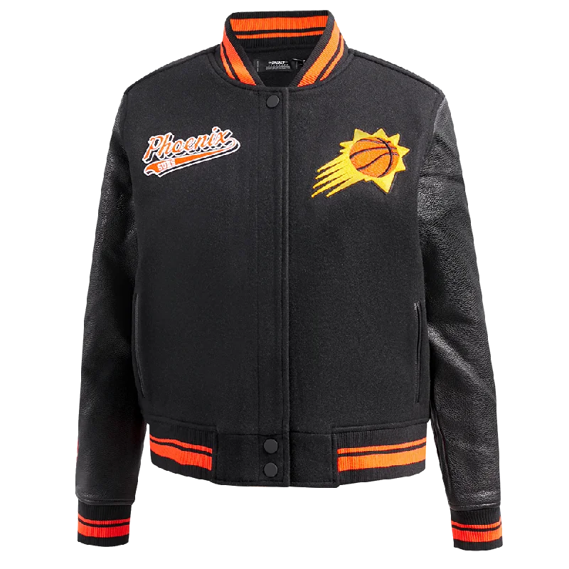 sleek minimalist coat for women -NBA PHOENIX SUNS SCRIPT TAIL WOMEN'S WOOL VARSITY JACKET (BLACK/ORANGE)