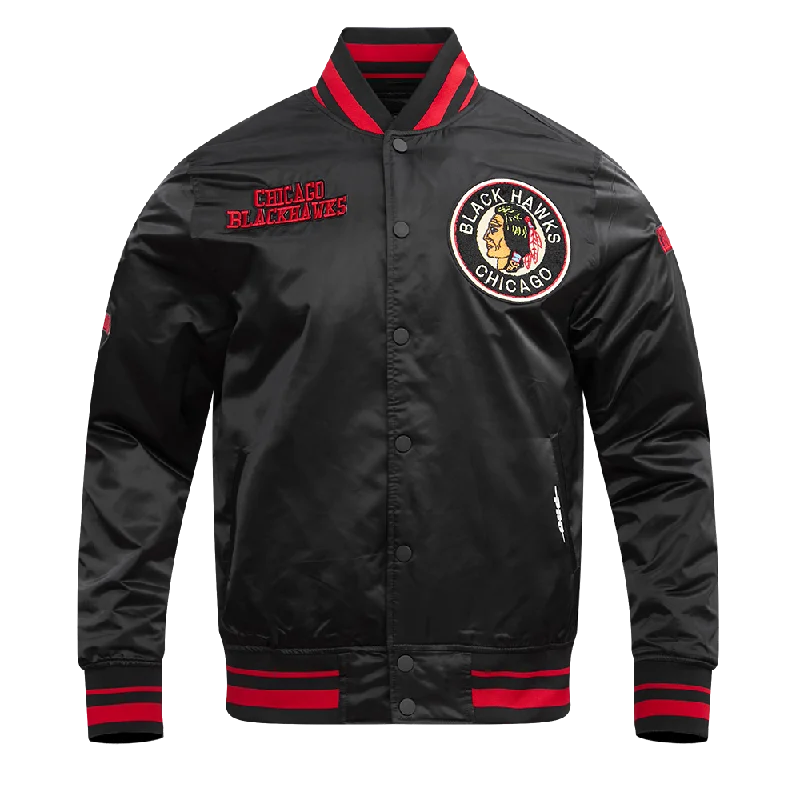 soft touch sherpa coat for women -NHL CHICAGO BLACKHAWKS RETRO CLASSIC RIB SATIN JACKET (BLACK/RED/BLACK)