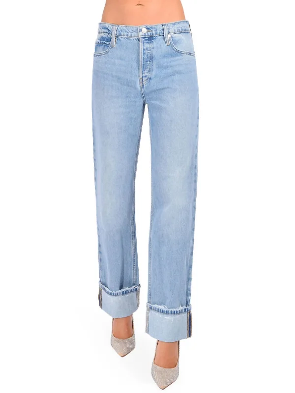 trendy mom jeans for women -Slouchy Straight Wide Cuff Jeans In Ziggy