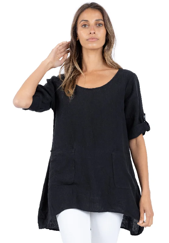 women's yoga-friendly short sleeve tops -Federica Black Sand Washed Linen Tunic Top