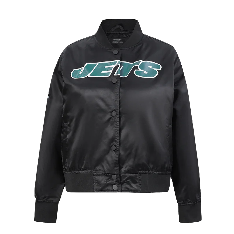 sleek minimalist coat for women -NFL NEW YORK JETS CLASSIC WOMEN'S SATIN JACKET (BLACK)