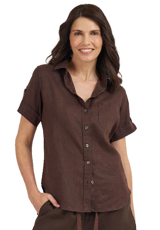 stylish short sleeve tunic for women -Febe-SS Coffee Linen Camp Shirt