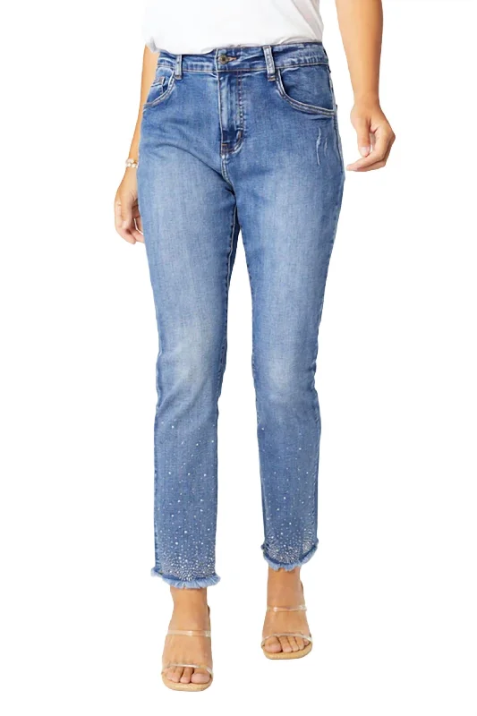 stylish button-up fly jeans for women -Everstretch Rinestones Ankle Jean In Medium Denim