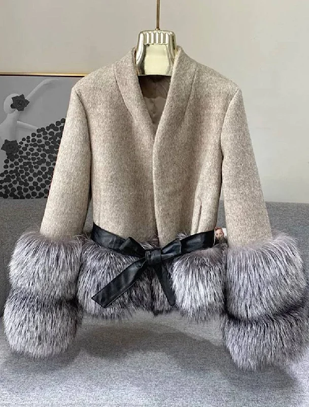 casual coats for women -Cashmere Jacket with Dusty Black Fox Fur Trim Leather Waist Tie