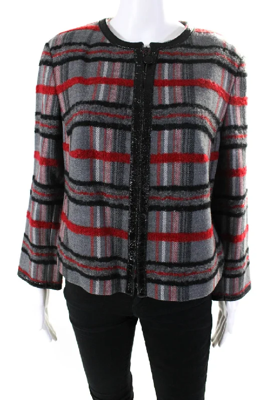 women's thermal long coat -Akris Women's Round Neck Long Sleeves Lined Full Zip Plaid Jacket