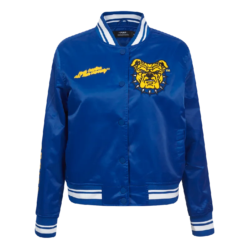 fashionable belted wool coat for women -NORTH CAROLINA A&T STATE UNIVERSITY CLASSIC WOMEN'S SATIN JACKET (DODGER BLUE)