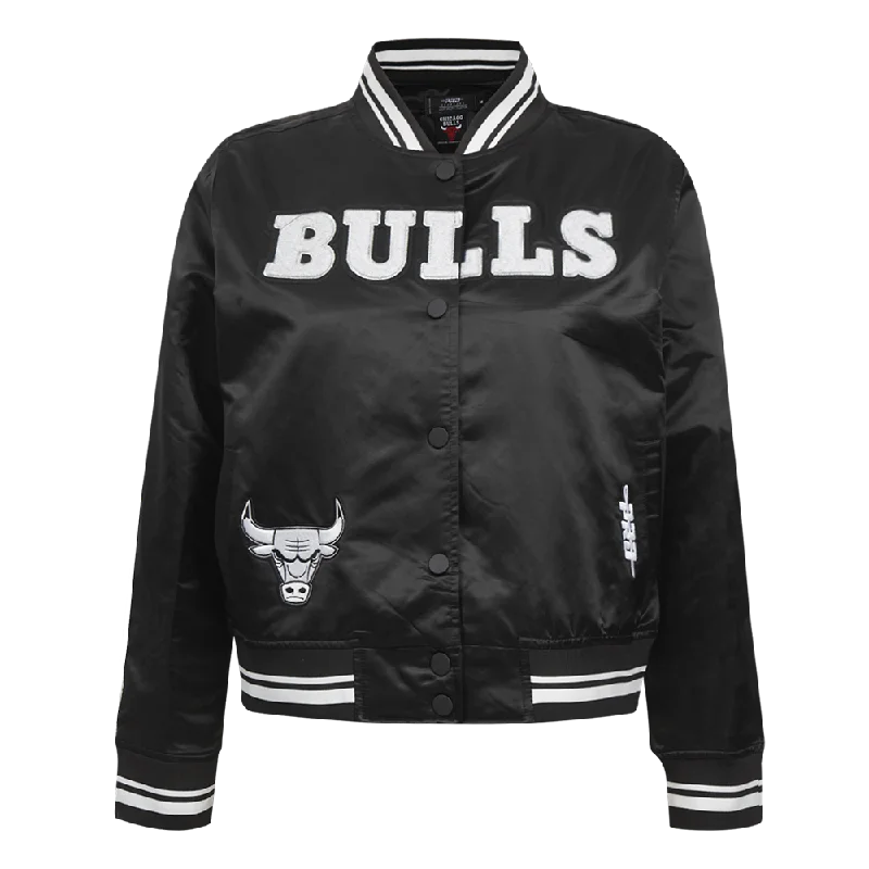 winter-ready faux shearling jacket for women -NBA CHICAGO BULLS PEARLS WOMEN'S RIB SATIN JACKET (BLACK)