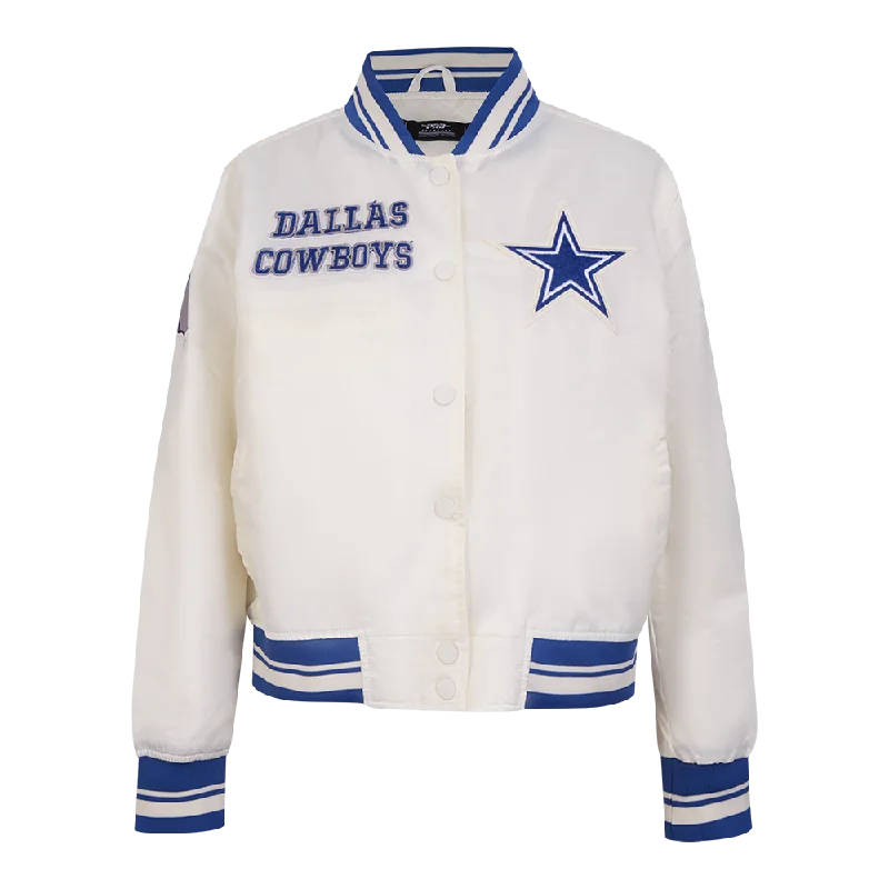 warm down coat for women -NFL DALLAS COWBOYS RETRO CLASSIC WOMEN'S RIB SATIN JACKET (EGGSHELL/DODGER BLUE)