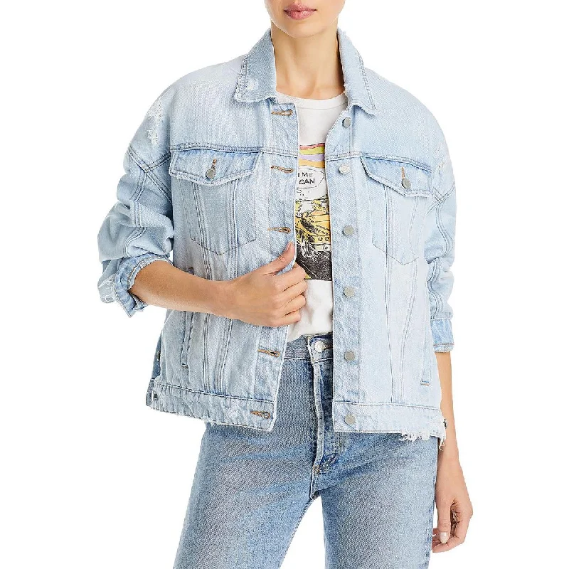 urban style cropped puffer jacket -[BLANKNYC] Womens Distressed Collared Denim Jacket