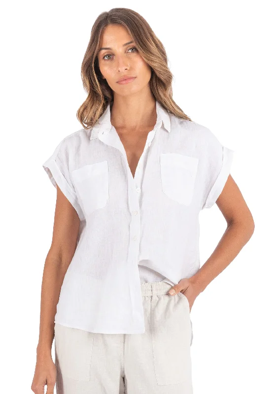 women's scoop neck short sleeve shirt -Capri White SS Linen Shirt