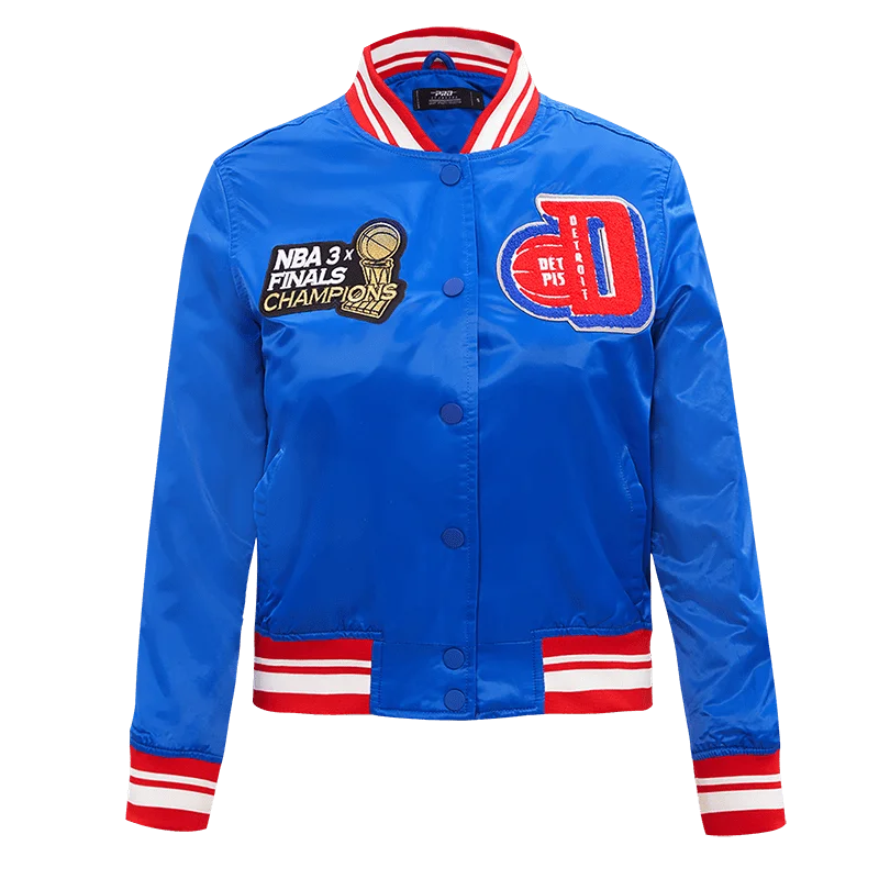 trendy plaid coat for women -NBA DETROIT PISTONS MASHUP WOMEN'S SATIN JACKET (ROYAL BLUE/RED)