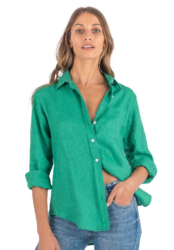 women's summer short sleeve top -Iris Green Classic Fit Linen Shirt