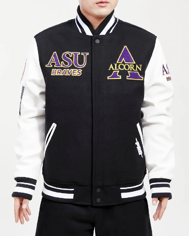 women's lightweight cargo jacket -ALCORN STATE UNIVERSITY CLASSIC RIB WOOL VARSITY JACKET (BLACK/WHITE)