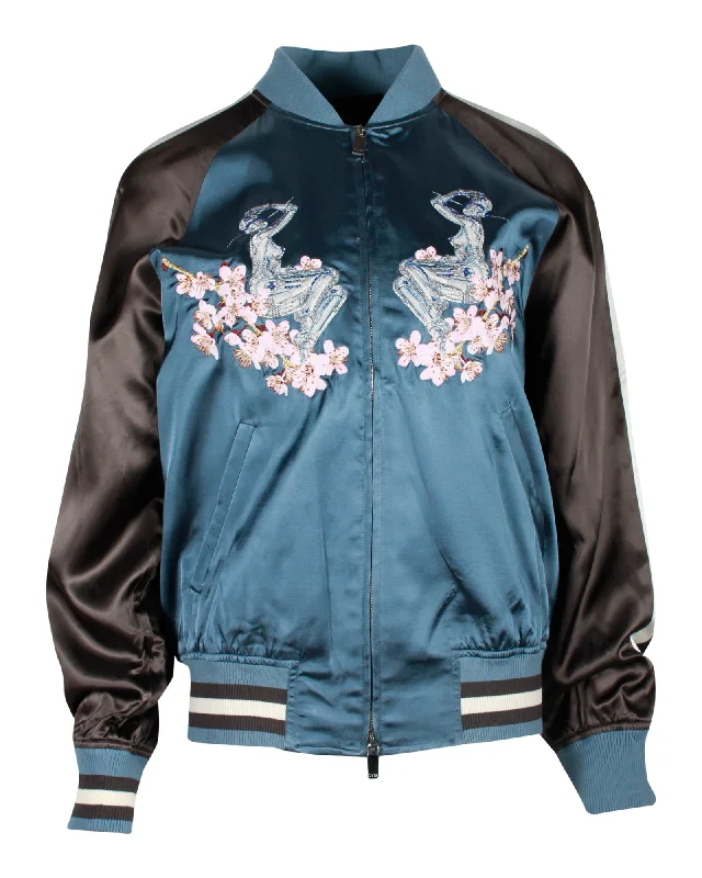 classic camel coat for ladies -Dior x Sorayama Embroidered Souvenir Bomber Jacket in Blue Viscose