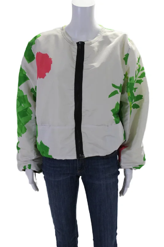 women's classic pea coat -Rohka Womens Front Zip Abstract Cropped Summer Bomber Jacket White One