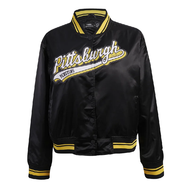 sporty track jacket for women -NHL PITTSBURGH PENGUINS SCRIPT TAIL WOMEN'S SATIN JACKET (BLACK/YELLOW)