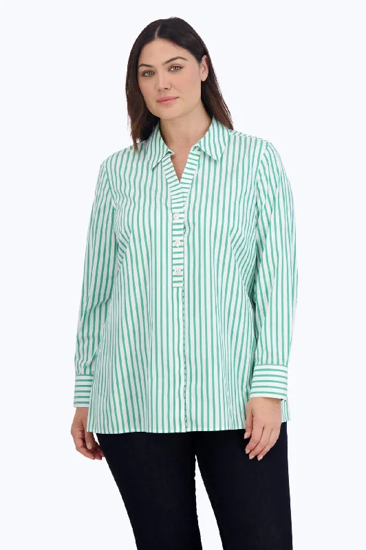 casual printed short sleeve tops for ladies -Pamela Plus Stretch No Iron Stripe Shirt