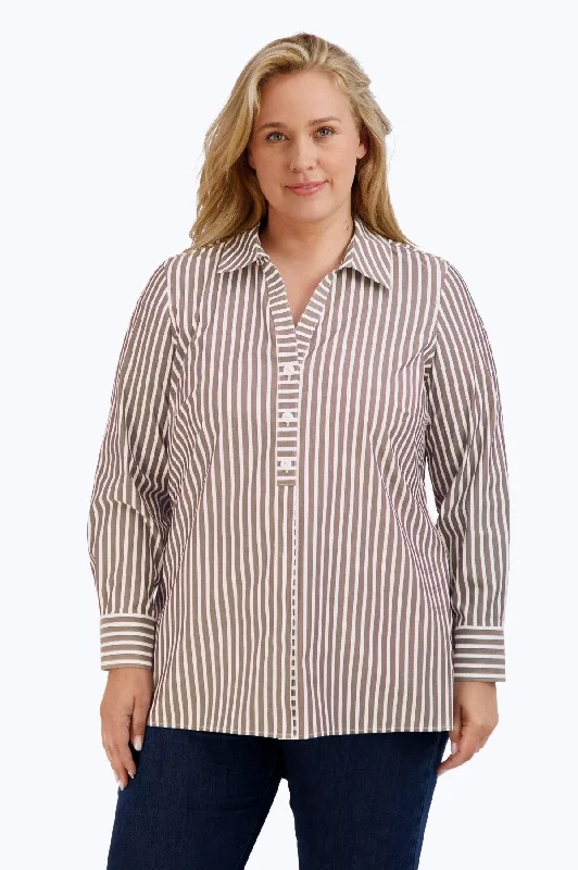 ladies' boho-style short sleeve blouse -Pamela Plus Stretch No Iron Stripe Shirt, Brown/White Stripe