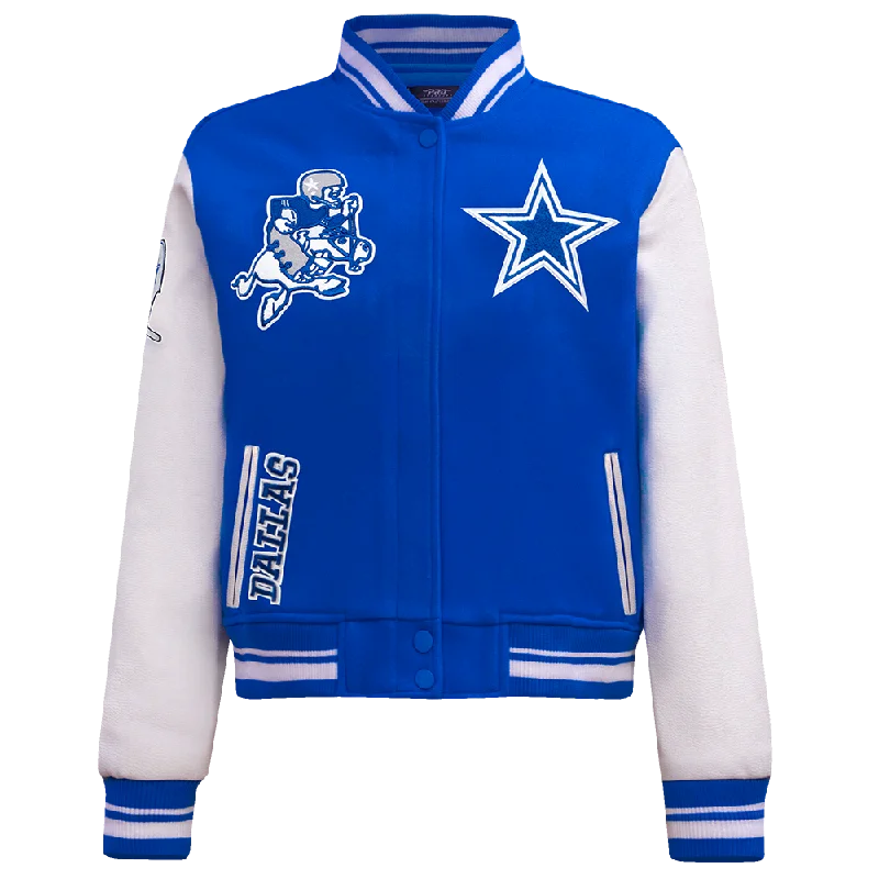 casual linen jacket for women -NFL DALLAS COWBOYS RETRO CLASSIC WOMEN'S RIB WOOL VARSITY JACKET (DODGER BLUE/WHITE)