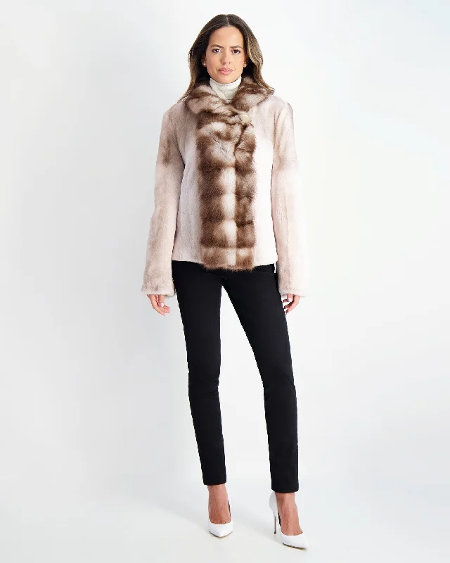 classic camel coat for ladies -Semi Sheared Mink Jacket with Stone Marten Collar & Trim