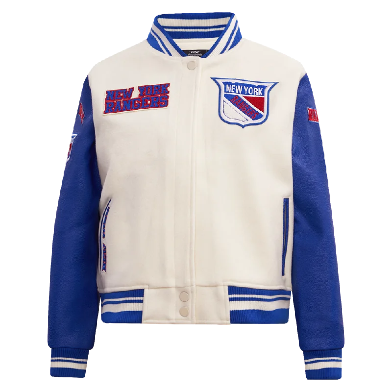 urban streetwear jacket for women -NHL NEW YORK RANGERS RETRO CLASSIC WOMEN'S RIB WOOL VARSITY JACKET (EGGSHELL/ROYAL BLUE)