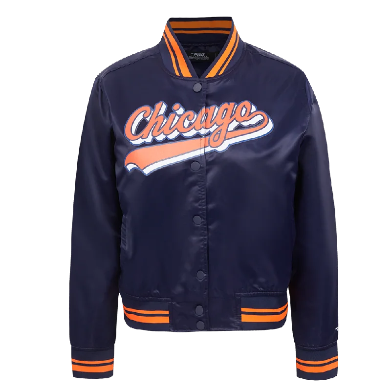 ladies' longline puffer coat -NFL CHICAGO BEARS SCRIPT TAIL WOMEN'S SATIN JACKET (MIDNIGHT NAVY/ORANGE/MIDNIGHT NAVY)