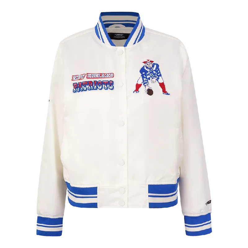 lightweight packable jacket for women -NFL NEW ENGLAND PATRIOTS RETRO CLASSIC WOMEN'S RIB SATIN JACKET (EGGSHELL/ ROYAL BLUE)