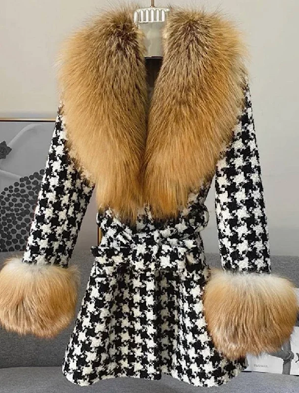 elegant long coat for women -Midi Length Houndstooth Red Fox Fur Trim Belted Wool Jacket