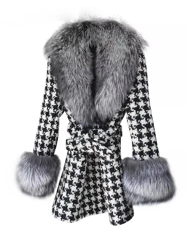 women's belted trench coat -Midi Length Houndstooth Black Fox Fur Trim Belted Wool Jacket