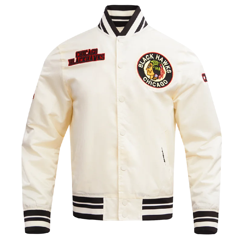 women's thermal long coat -NHL CHICAGO BLACKHAWKS RETRO CLASSIC RIB SATIN JACKET (EGGSHELL/ BLACK)