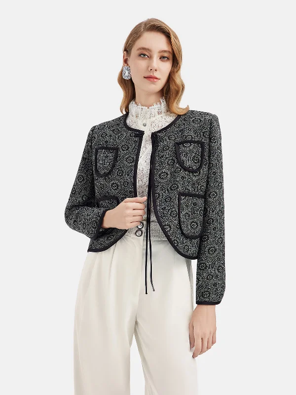 stylish houndstooth coat for women -Totem Print Jacket with Knot Closures