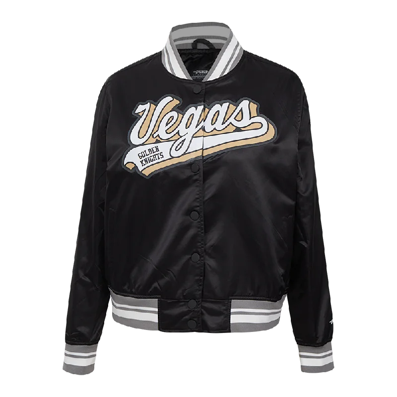 ladies' fur-lined jacket -NHL VEGAS GOLDEN KNIGHTS SCRIPT TAIL WOMEN'S SATIN JACKET (BLACK/GRAY)