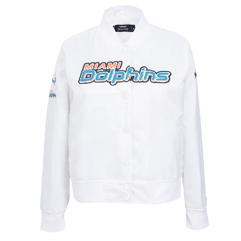 warm down coat for women -NFL MIAMI DOLPHINS CLASSIC WOMEN'S SATIN JACKET (WHITE)