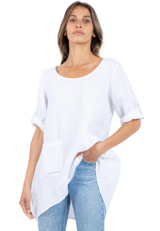 trendy short sleeve tops for women -Federica White Sand Washed Linen Tunic Top